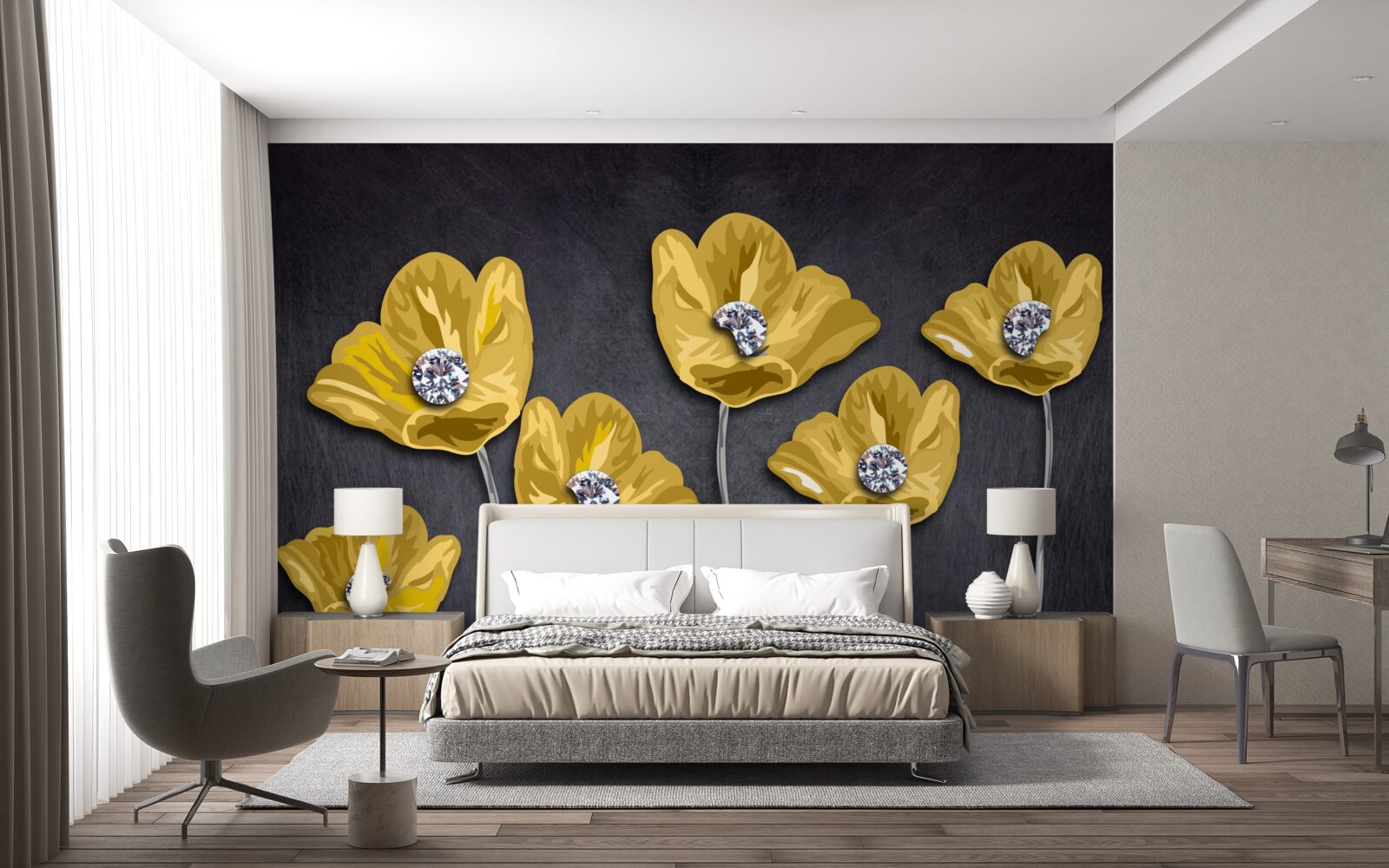 Papier peint Tulipes jaunes sur fond gris