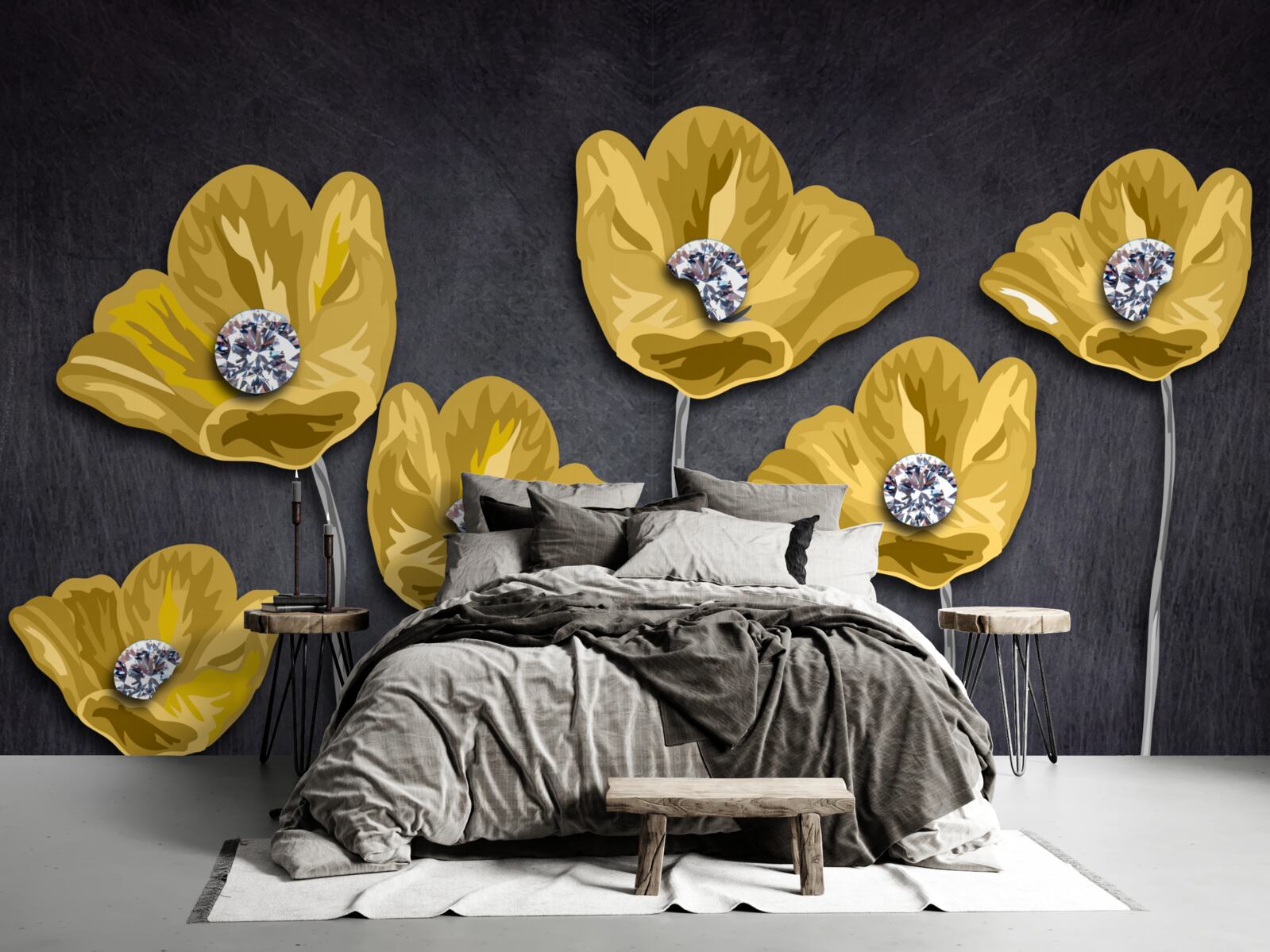 Papier peint Tulipes jaunes sur fond gris