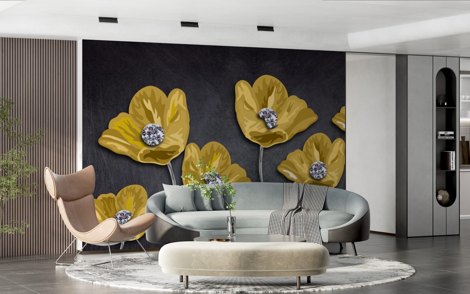 Papier peint Tulipes jaunes sur fond gris