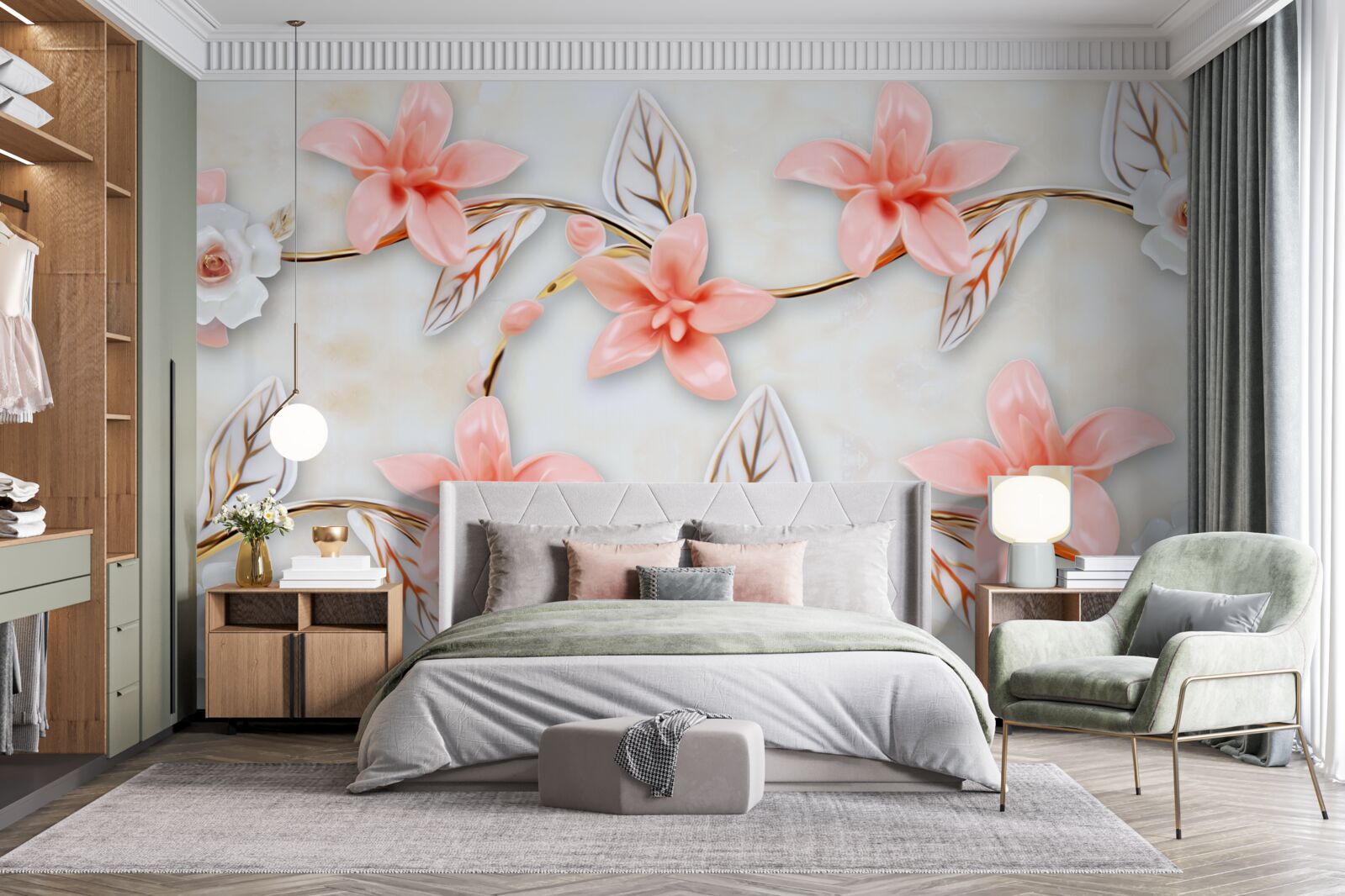 Papier peint magnolias roses sur les branches