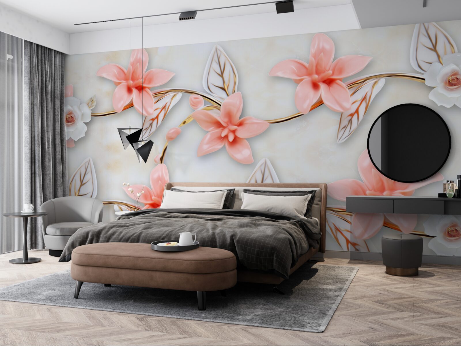 Papier peint magnolias roses sur les branches