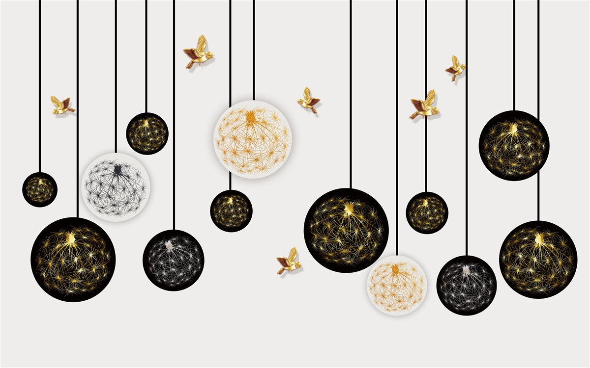 Papier peint boules noires suspendues sur fond clair