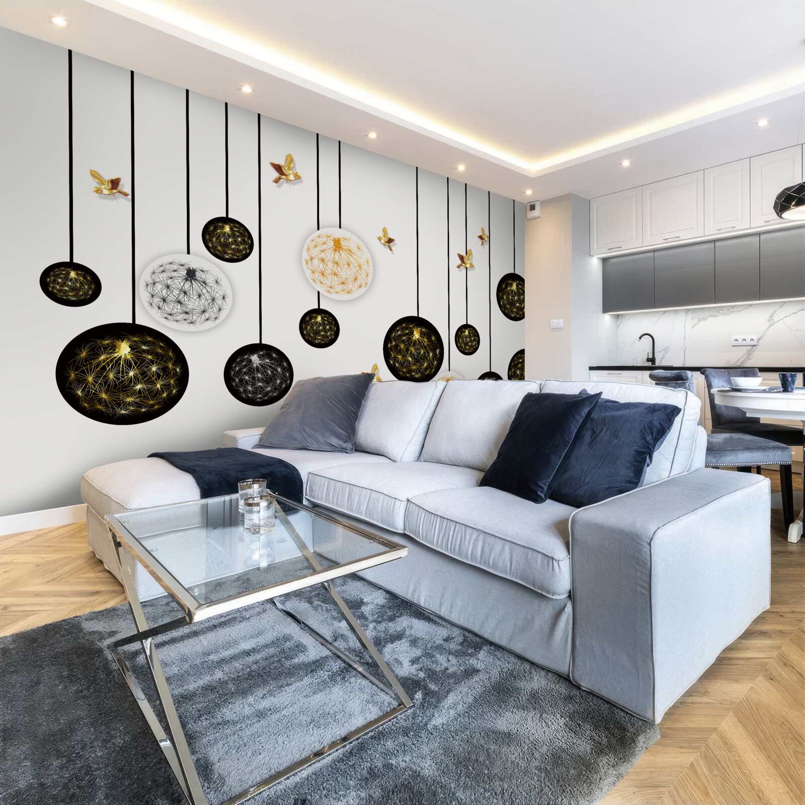 Papier peint boules noires suspendues sur fond clair