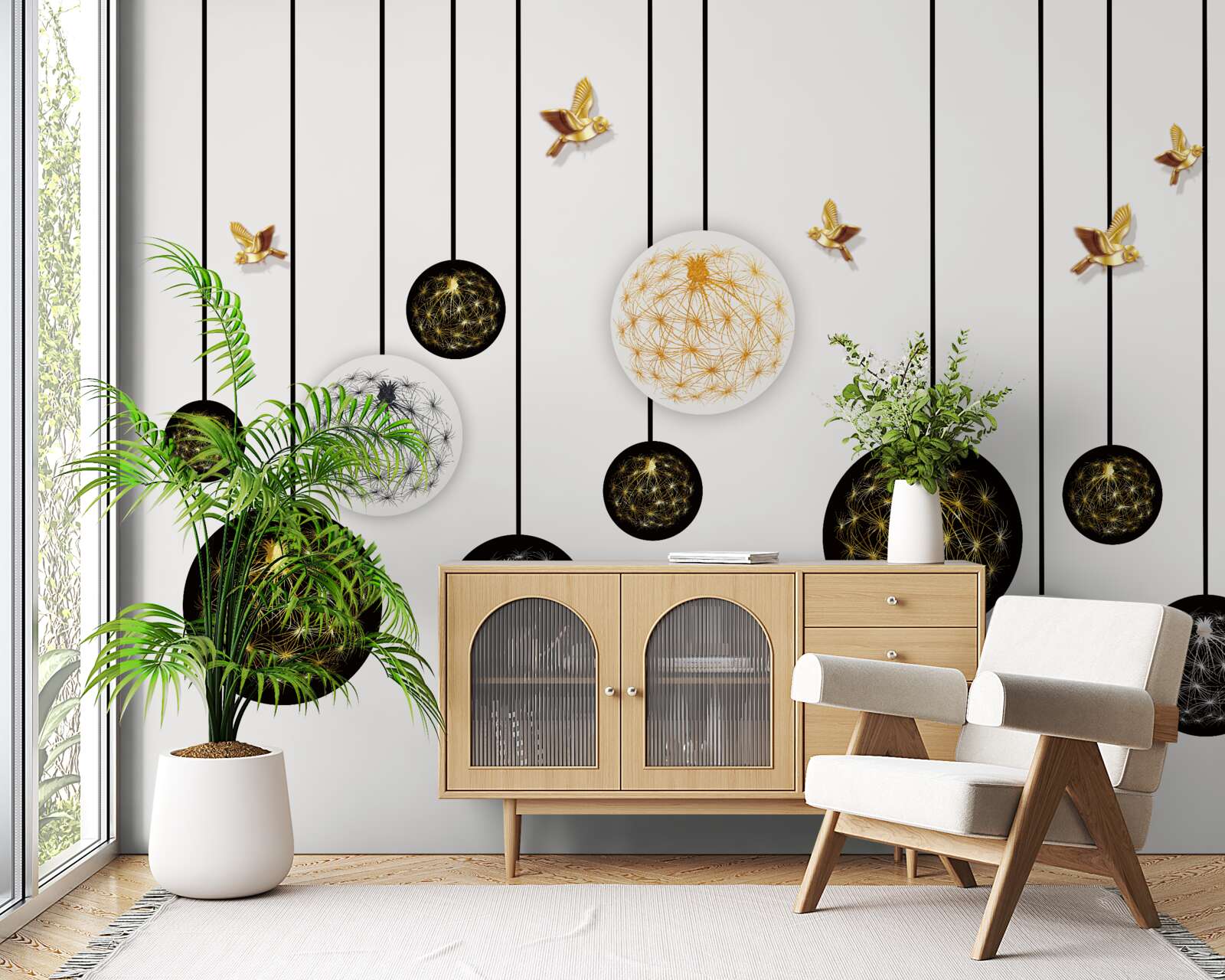 Papier peint boules noires suspendues sur fond clair