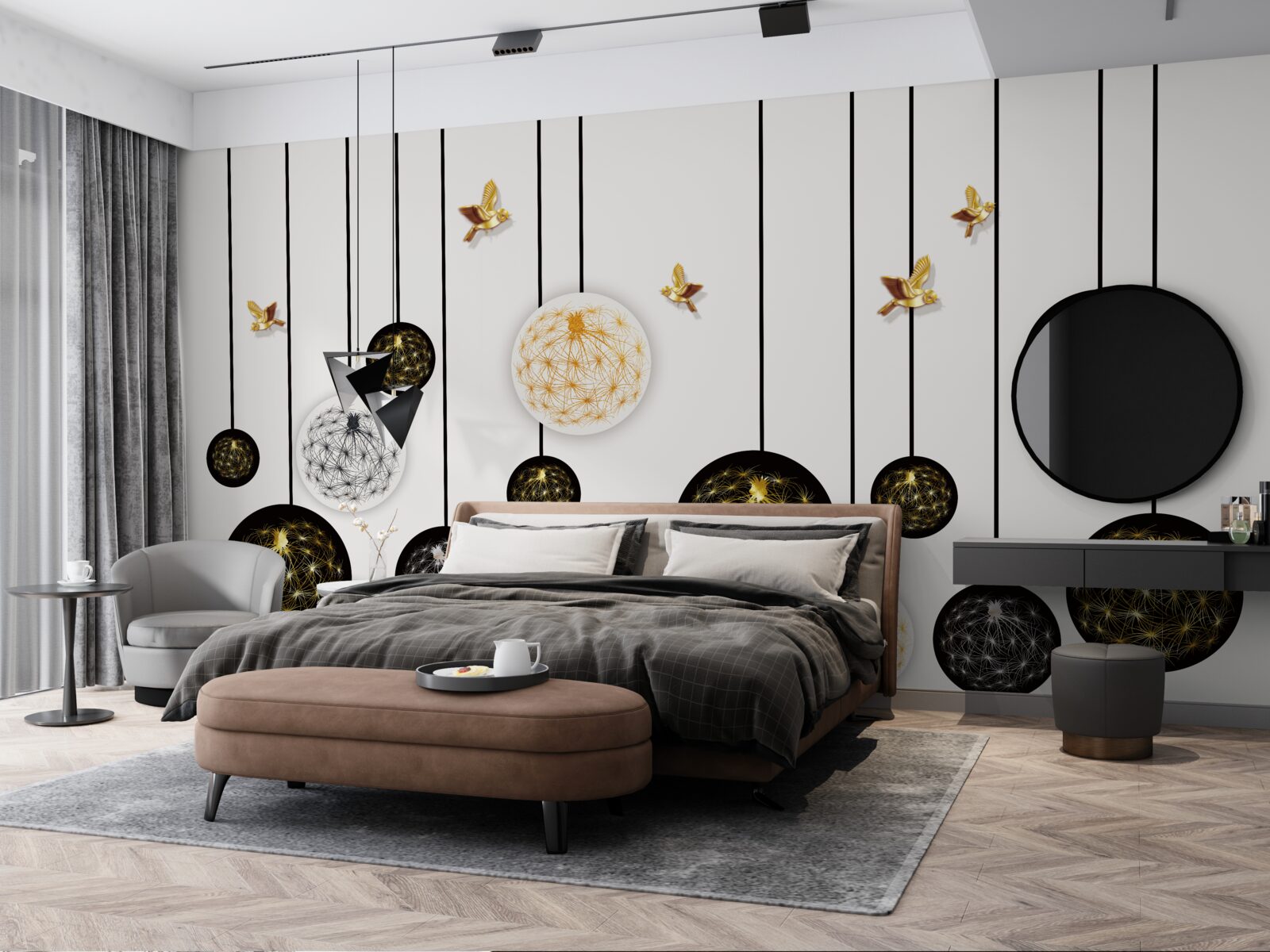 Papier peint boules noires suspendues sur fond clair