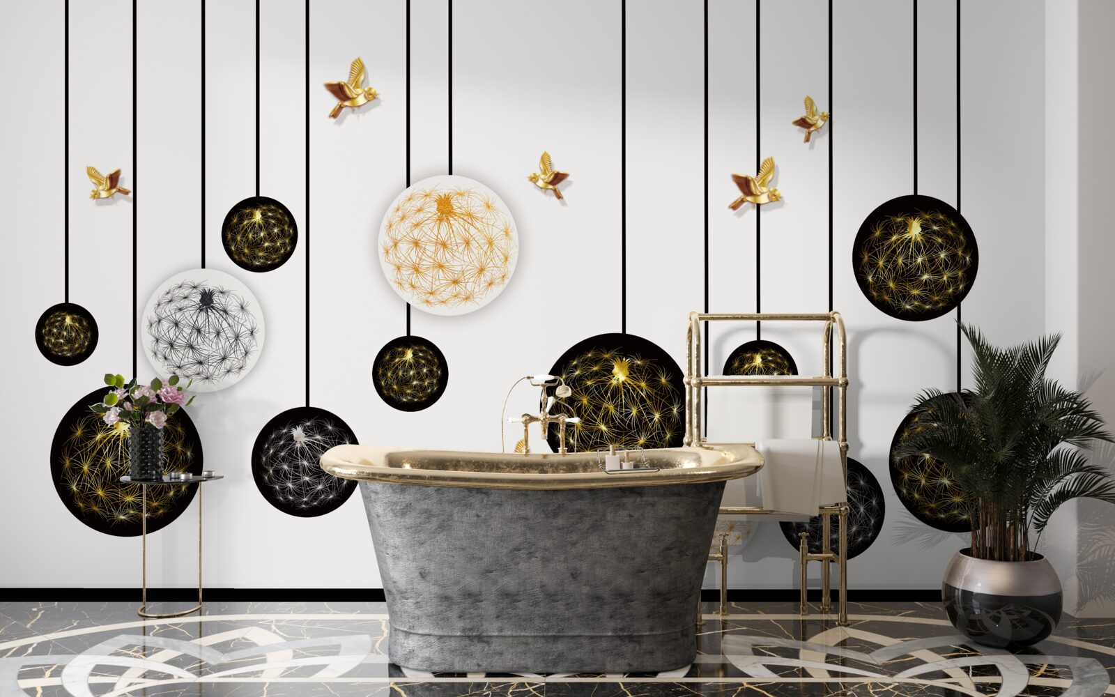 Papier peint boules noires suspendues sur fond clair