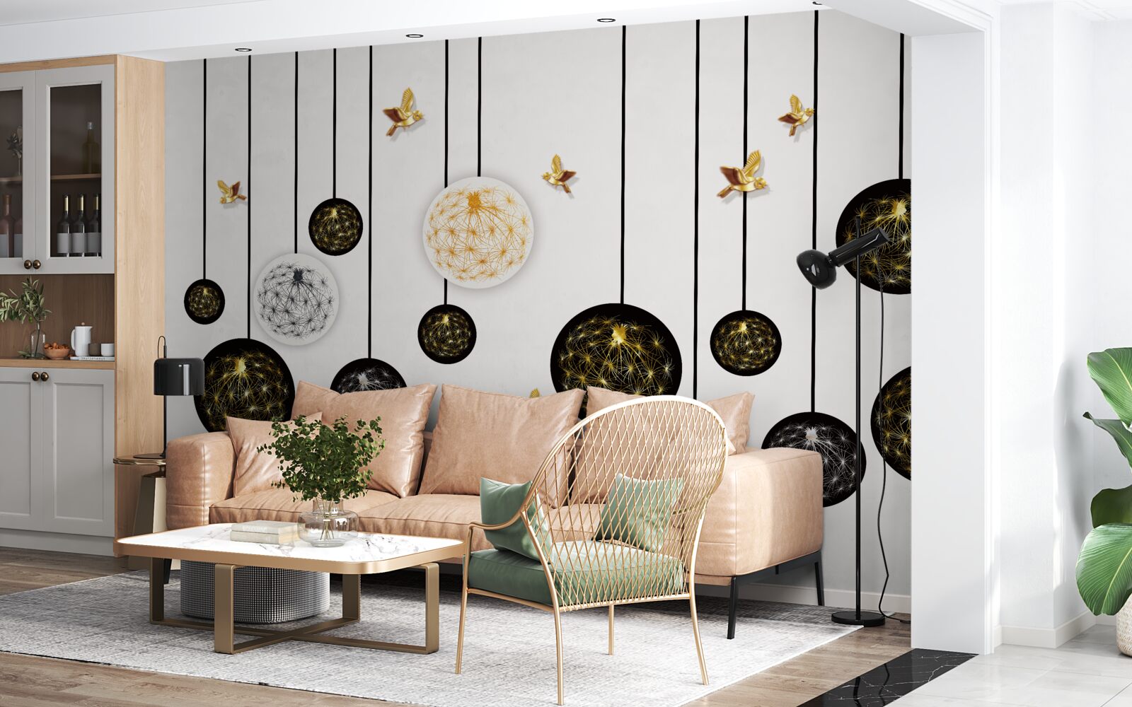 Papier peint boules noires suspendues sur fond clair