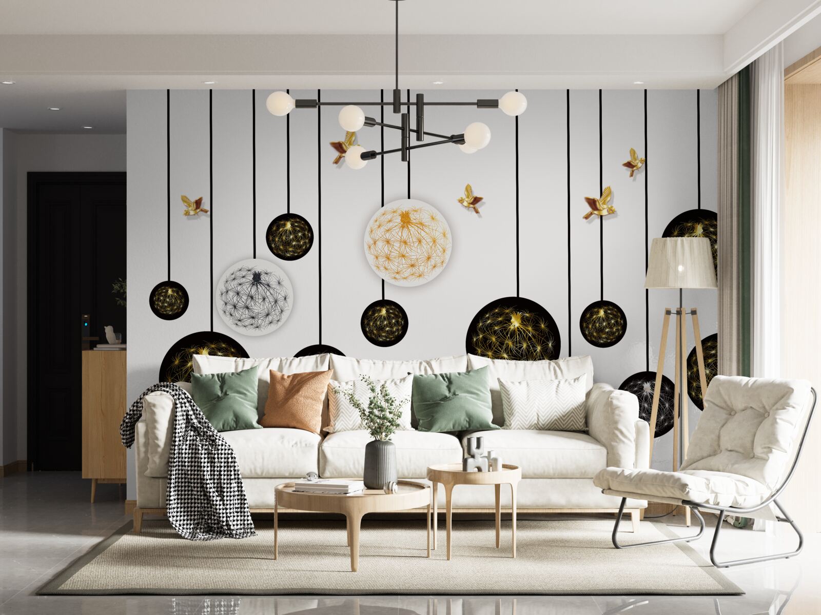 Papier peint boules noires suspendues sur fond clair