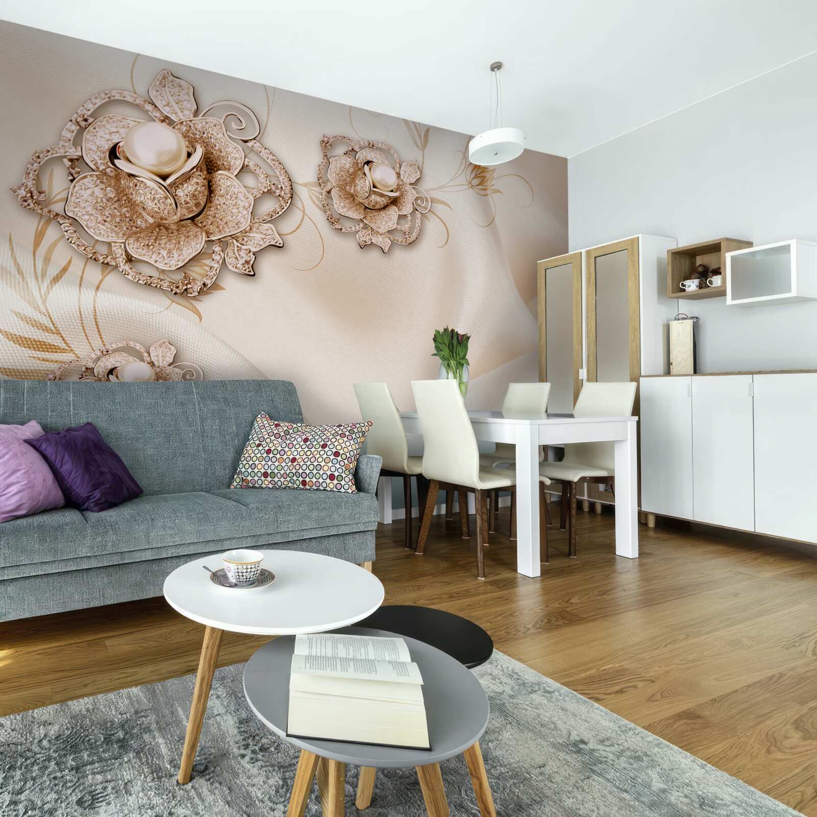 Papier peint combinaison de soie pêche délicate et de fleurs