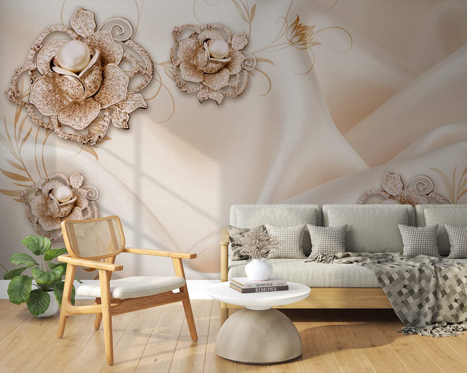 Papier peint combinaison de soie pêche délicate et de fleurs