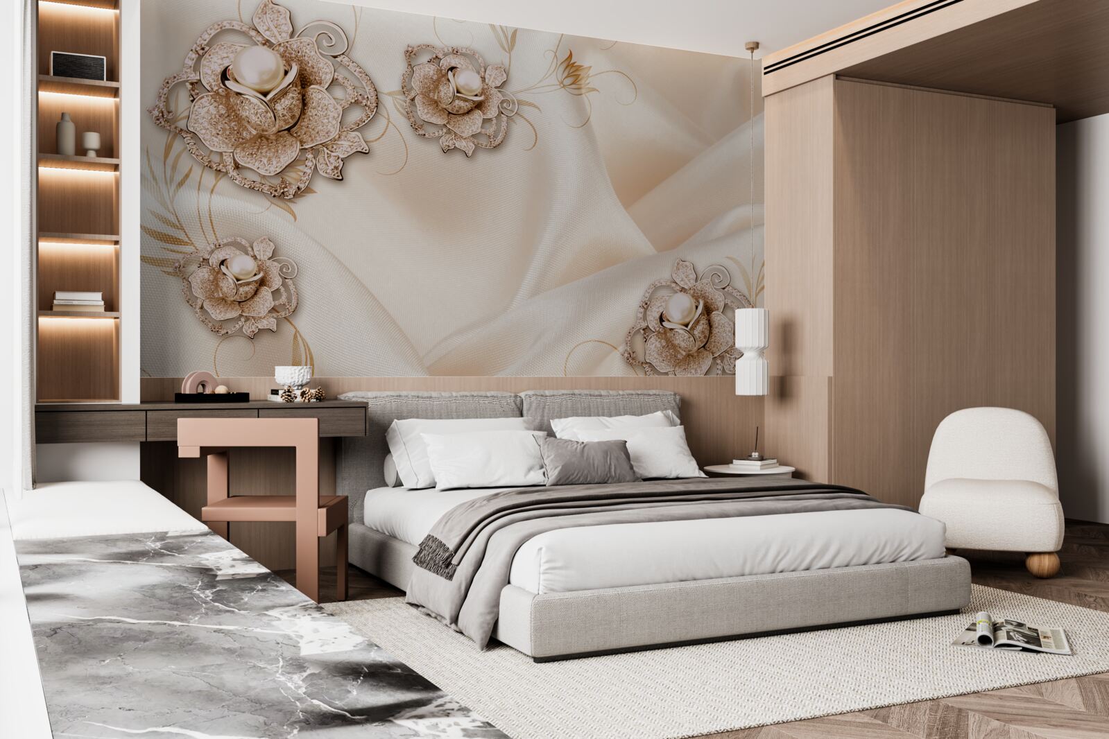 Papier peint combinaison de soie pêche délicate et de fleurs