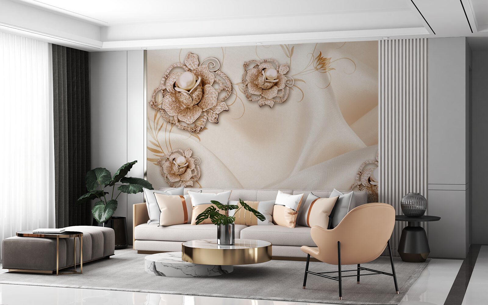 Papier peint combinaison de soie pêche délicate et de fleurs