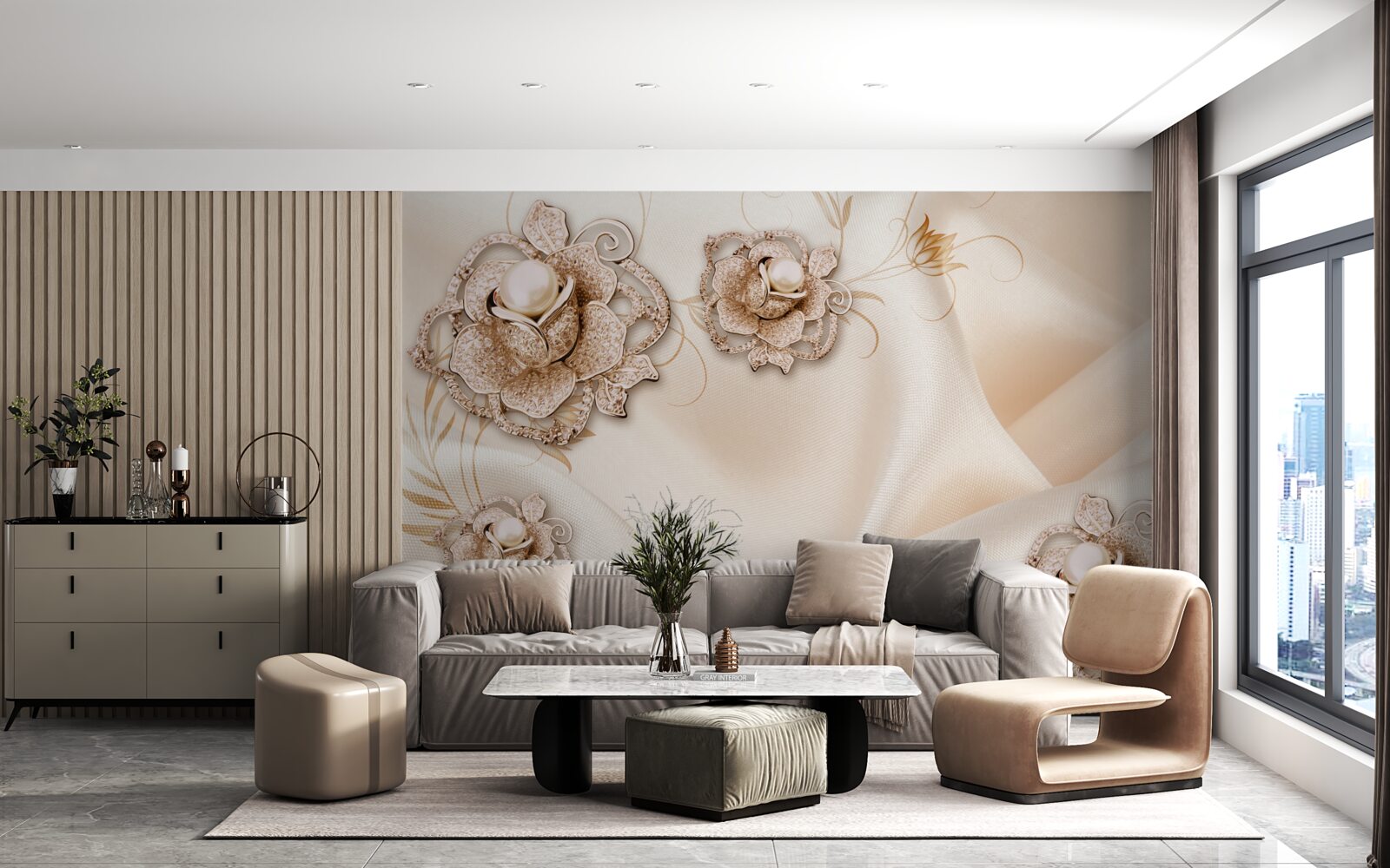 Papier peint combinaison de soie pêche délicate et de fleurs