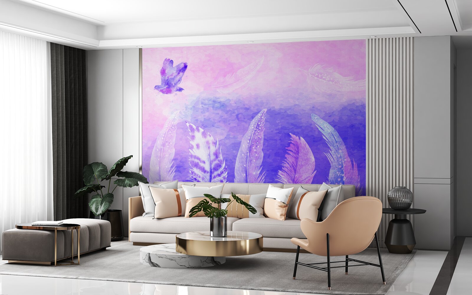 Papier peint oiseau volant au-dessus des plumes