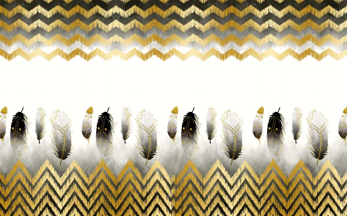 Papier peint plumes en noir et blanc et lignes courbes dans les tons dorés