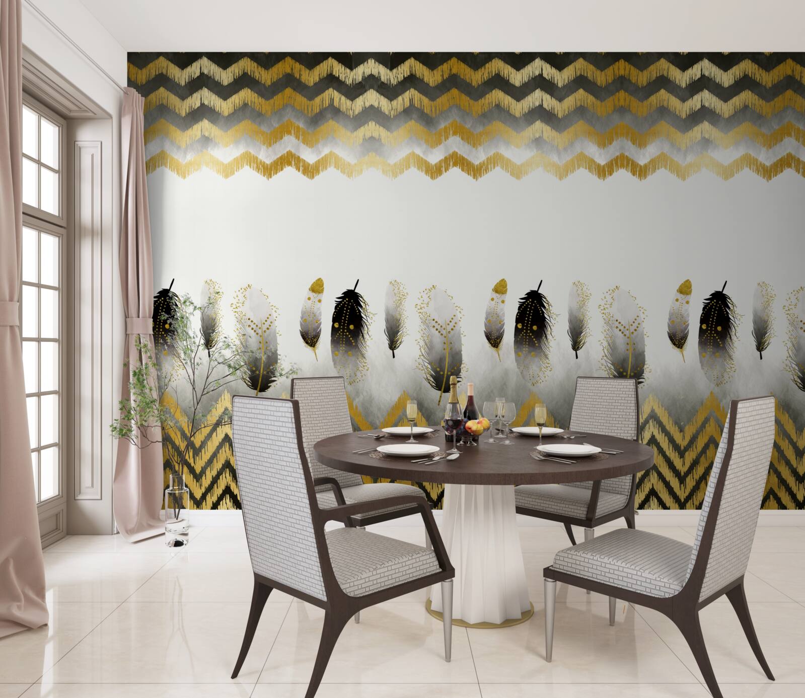 Papier peint plumes en noir et blanc et lignes courbes dans les tons dorés