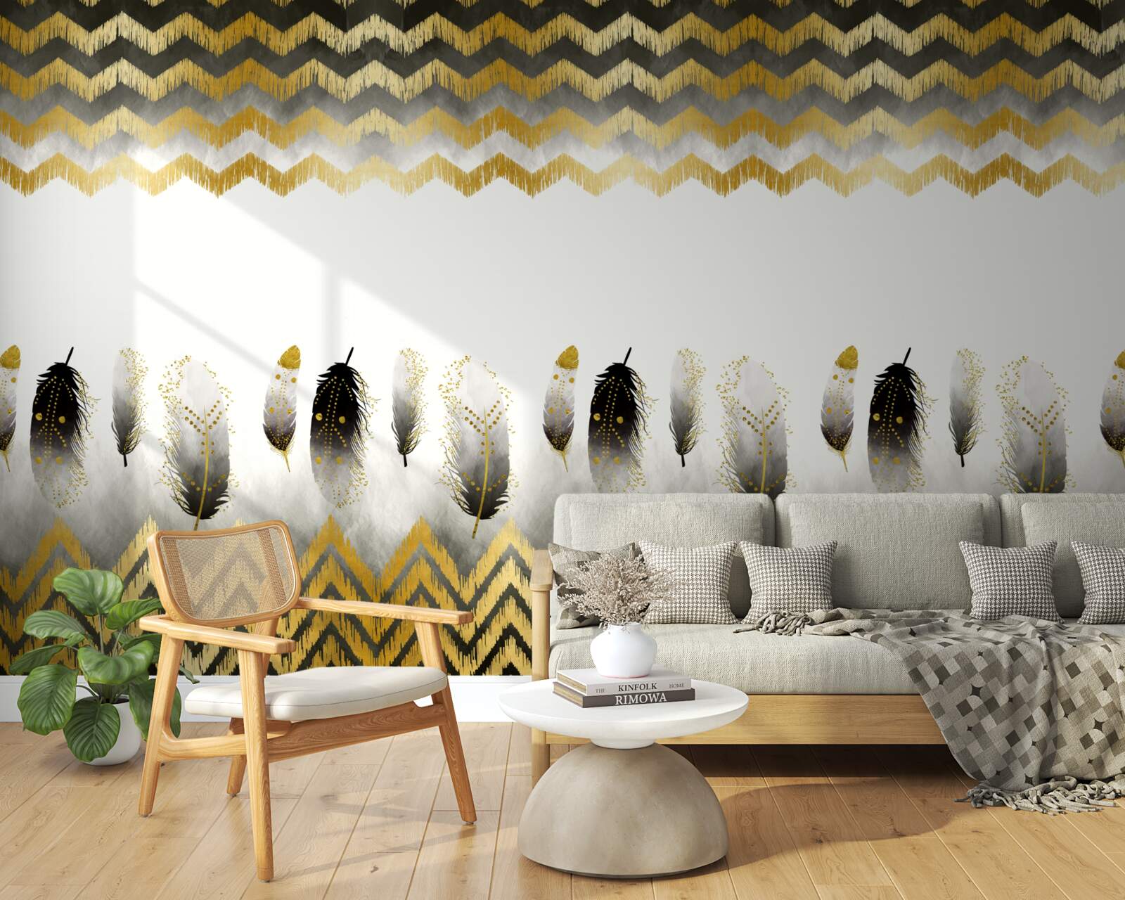 Papier peint plumes en noir et blanc et lignes courbes dans les tons dorés