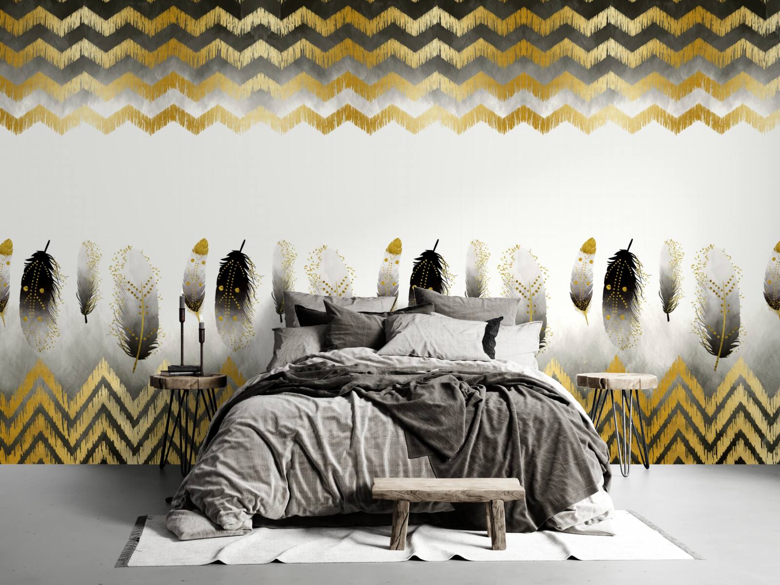 Papier peint plumes en noir et blanc et lignes courbes dans les tons dorés
