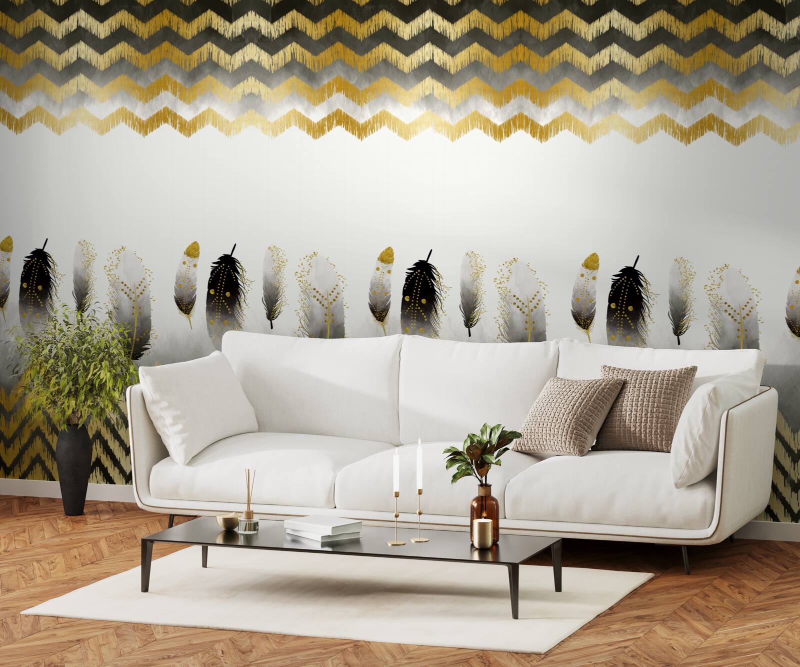 Papier peint plumes en noir et blanc et lignes courbes dans les tons dorés
