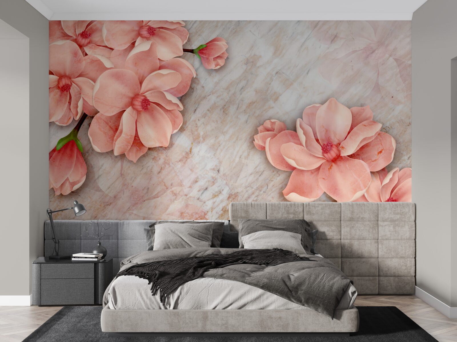 Papier peint magnolias à fleurs roses