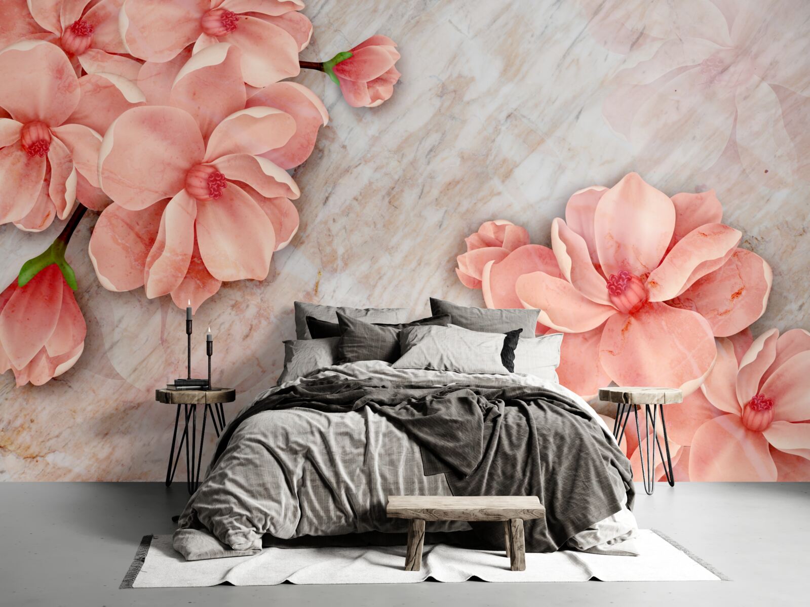 Papier peint magnolias à fleurs roses