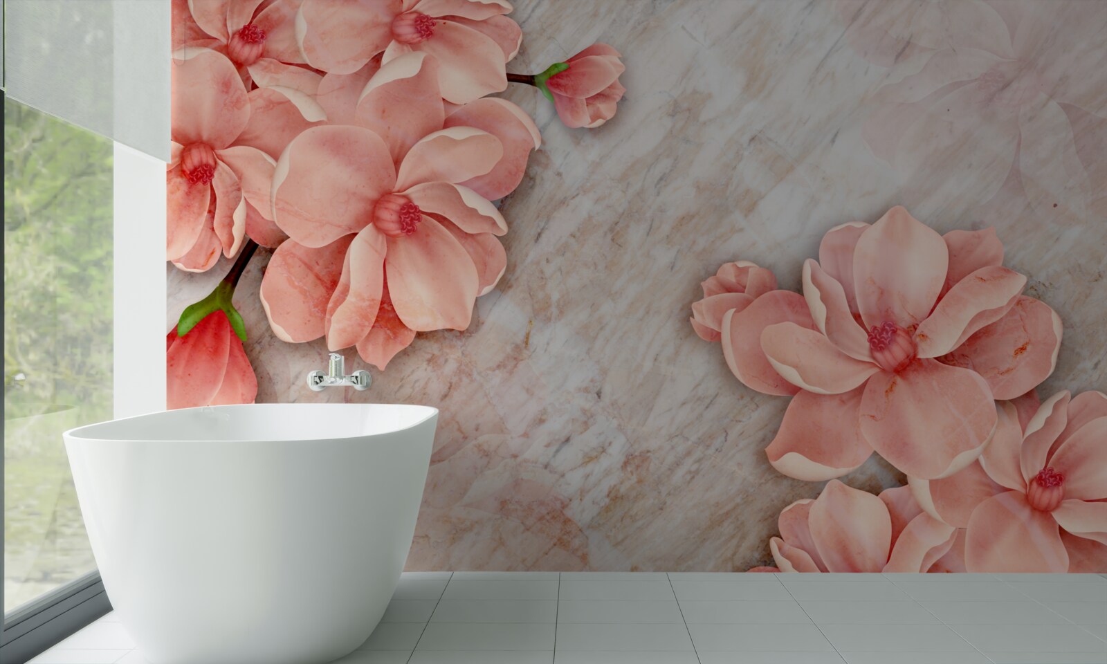 Papier peint magnolias à fleurs roses