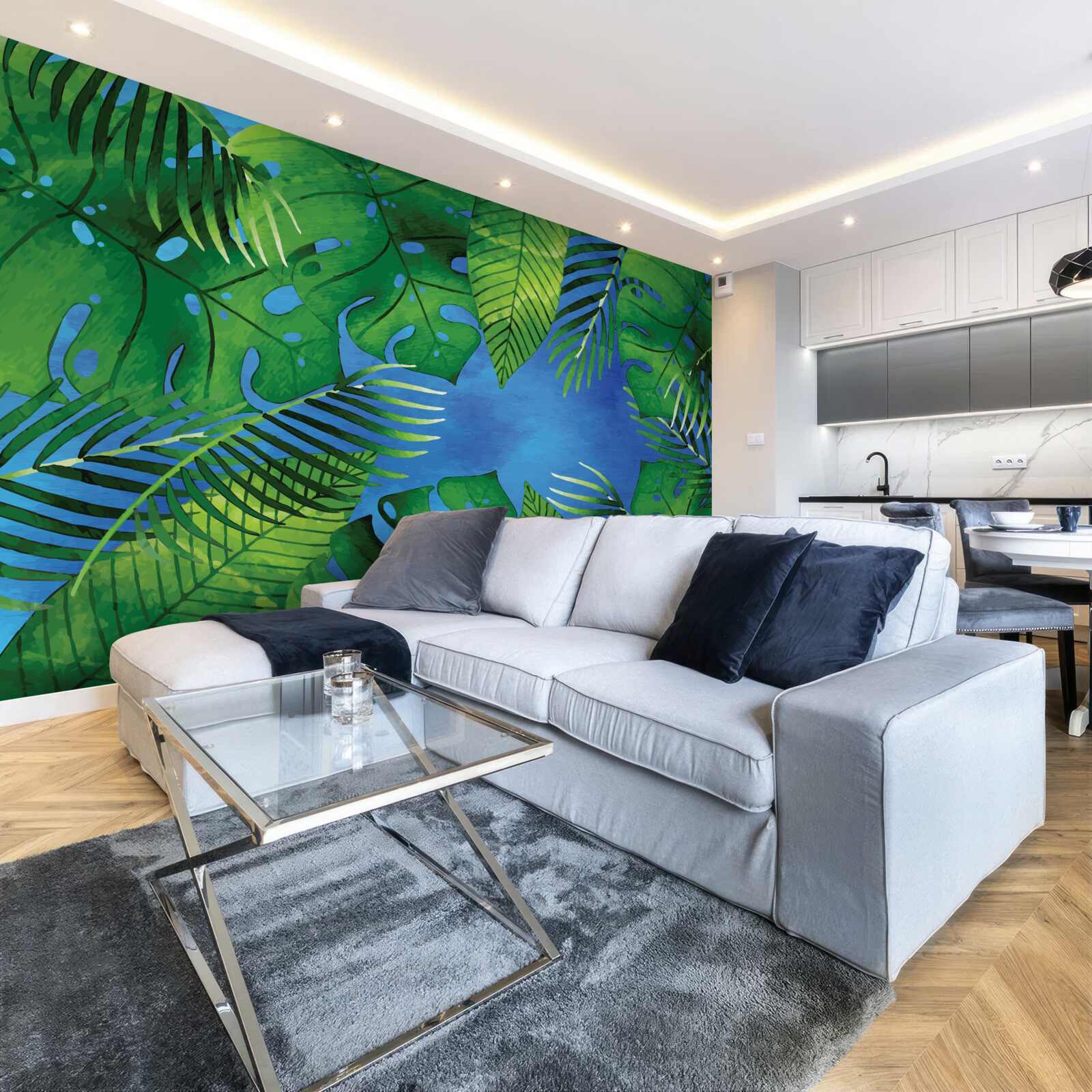 Papier peint les feuilles tropicales s'ouvrent sur un ciel bleu