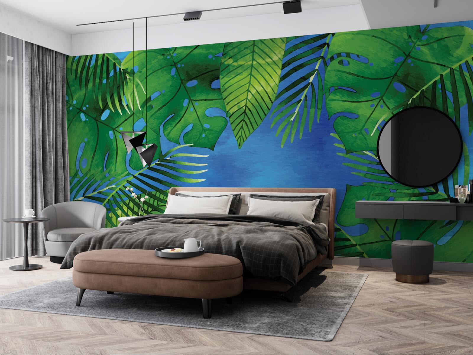 Papier peint les feuilles tropicales s'ouvrent sur un ciel bleu