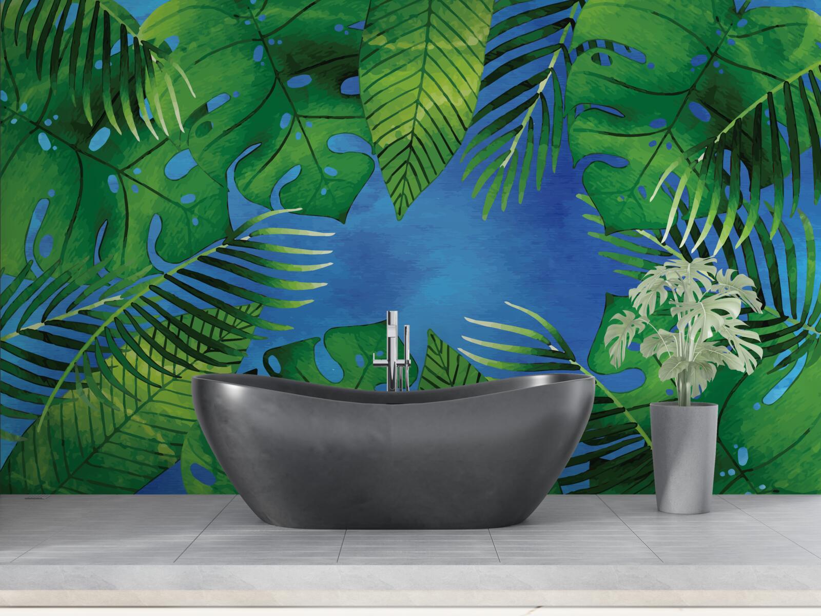 Papier peint les feuilles tropicales s'ouvrent sur un ciel bleu