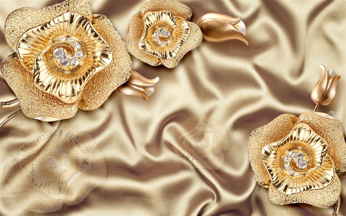 Papier peint détails en or sur soie décorée de fleurs en bronze