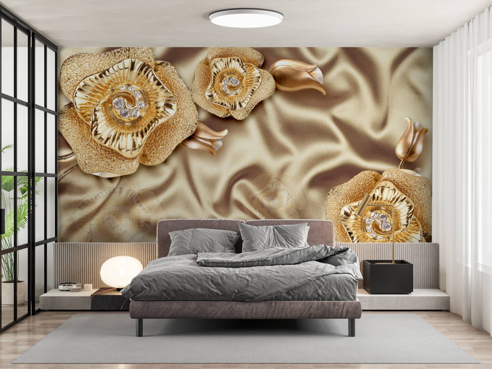 Papier peint détails en or sur soie décorée de fleurs en bronze