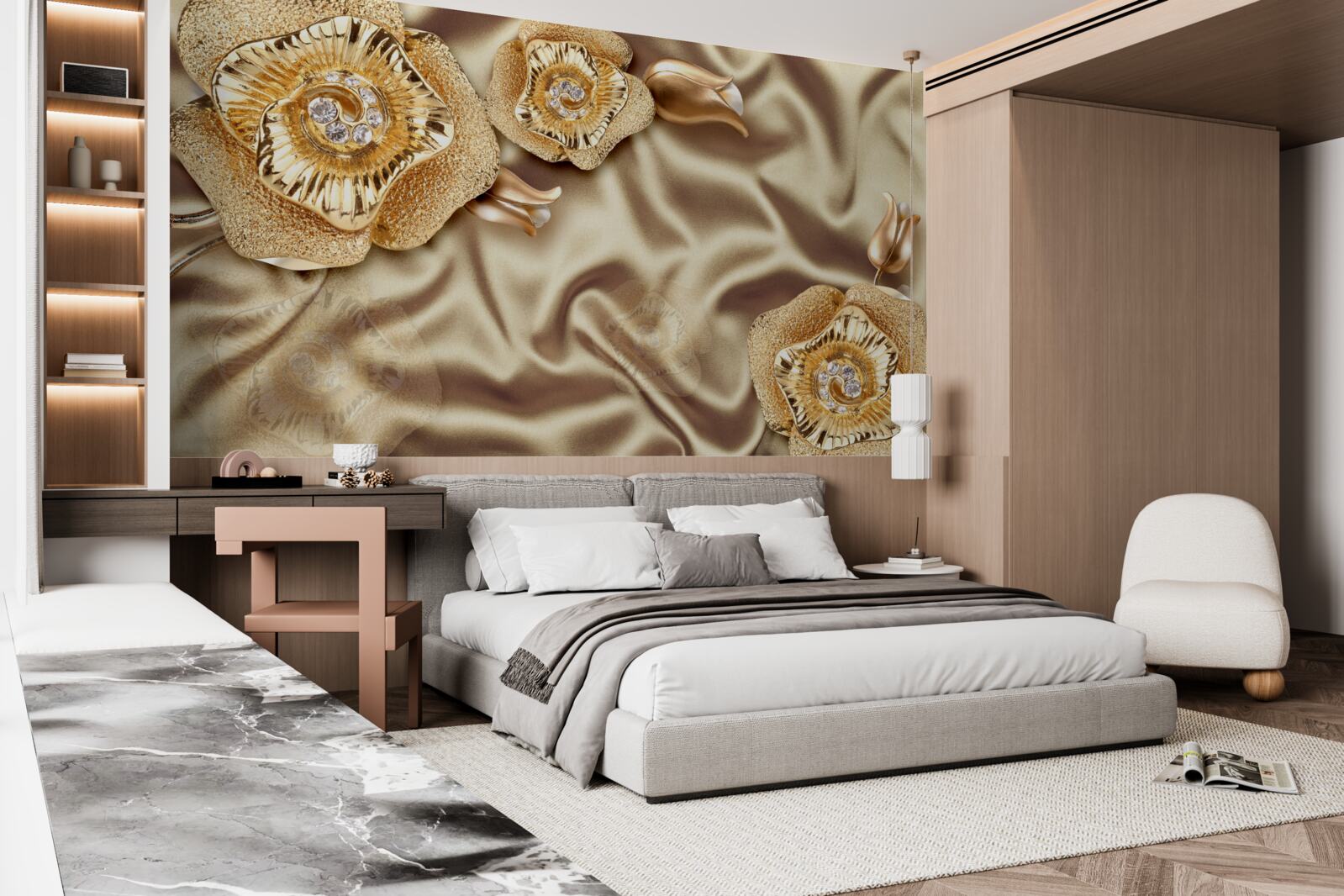 Papier peint détails en or sur soie décorée de fleurs en bronze