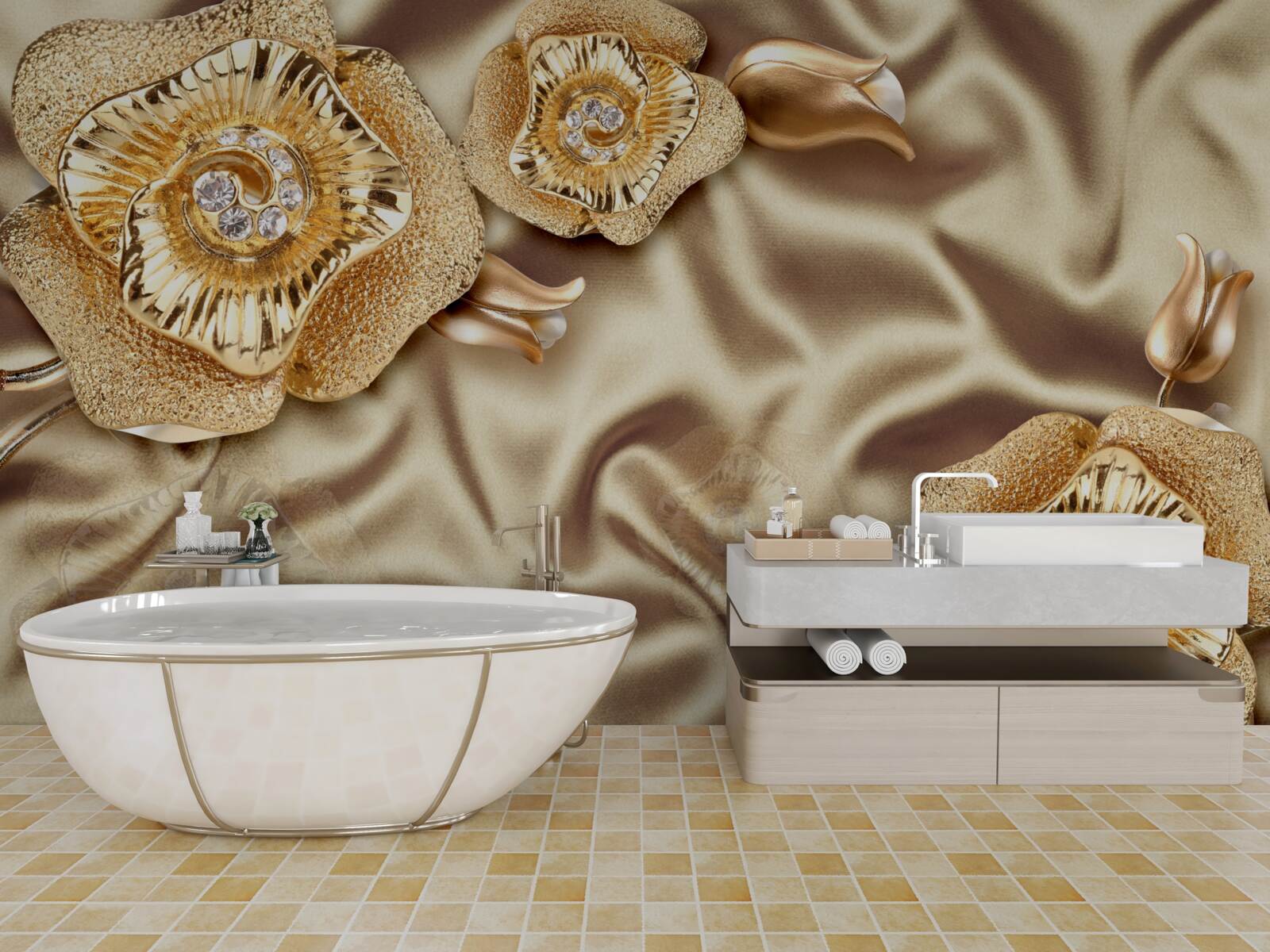 Papier peint détails en or sur soie décorée de fleurs en bronze