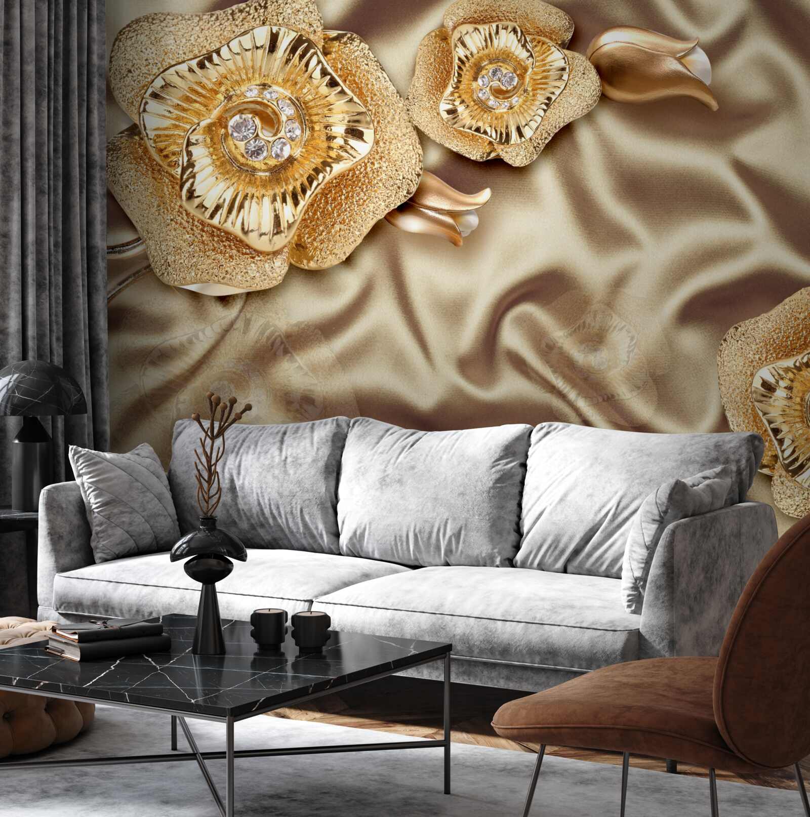 Papier peint détails en or sur soie décorée de fleurs en bronze