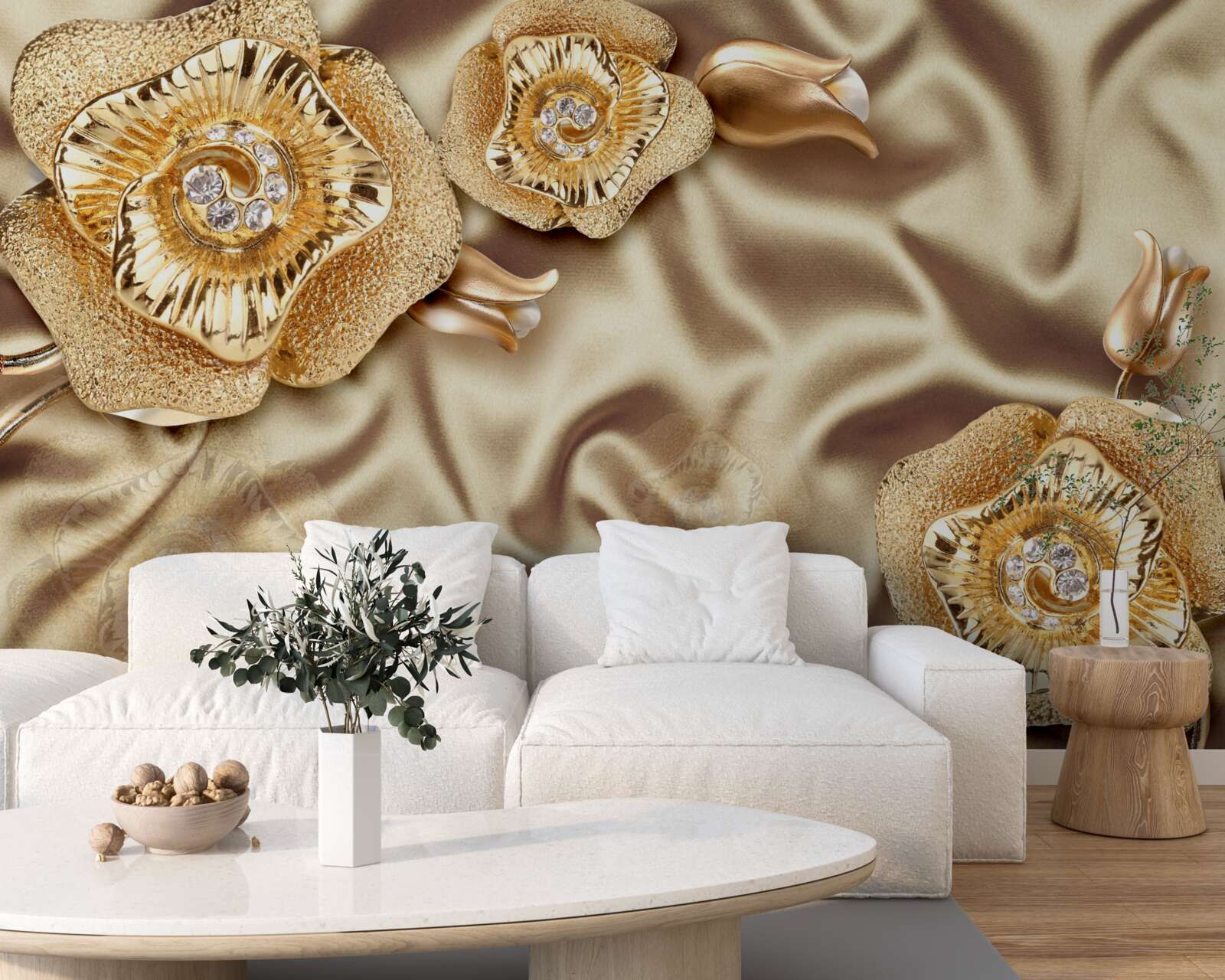 Papier peint détails en or sur soie décorée de fleurs en bronze