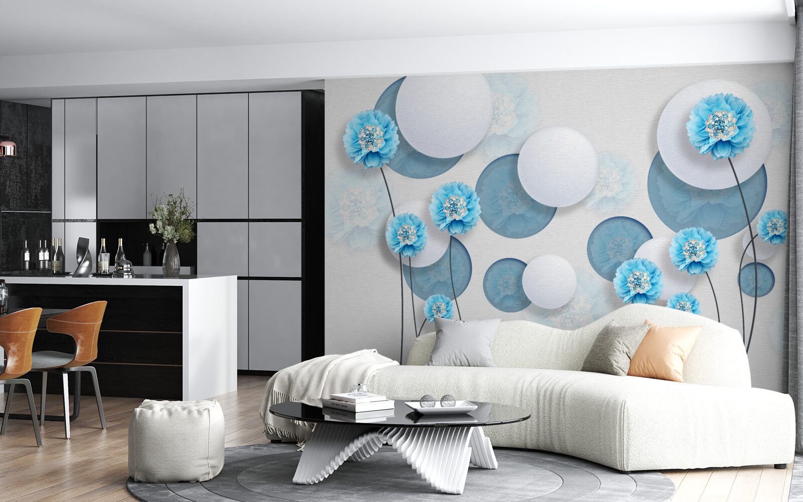 Papier peint abstrait et œillets bleus