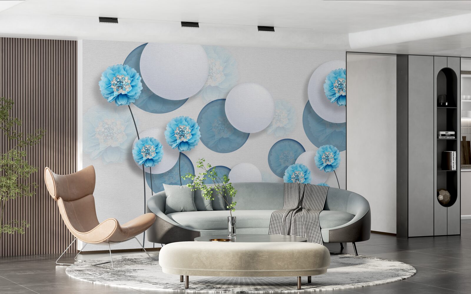 Papier peint abstrait et œillets bleus