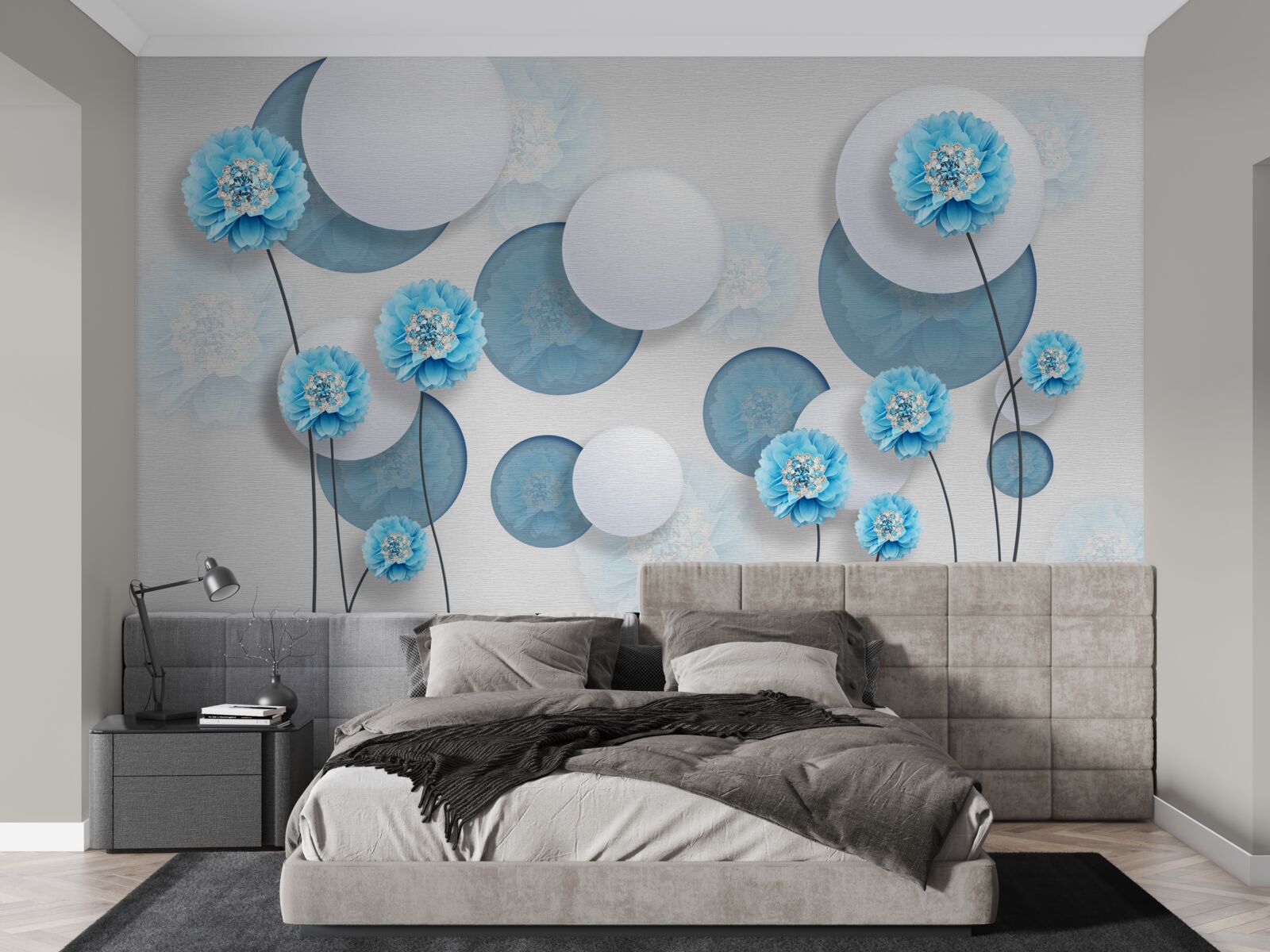 Papier peint abstrait et œillets bleus