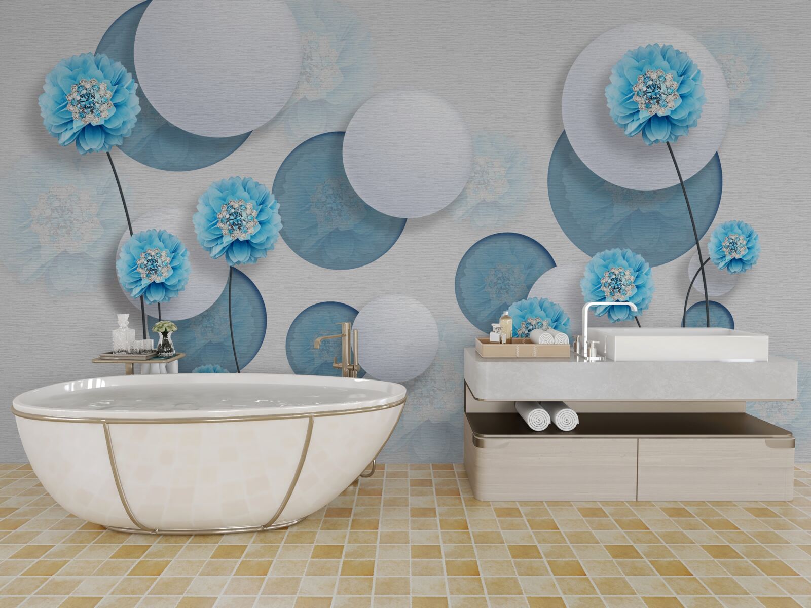 Papier peint abstrait et œillets bleus