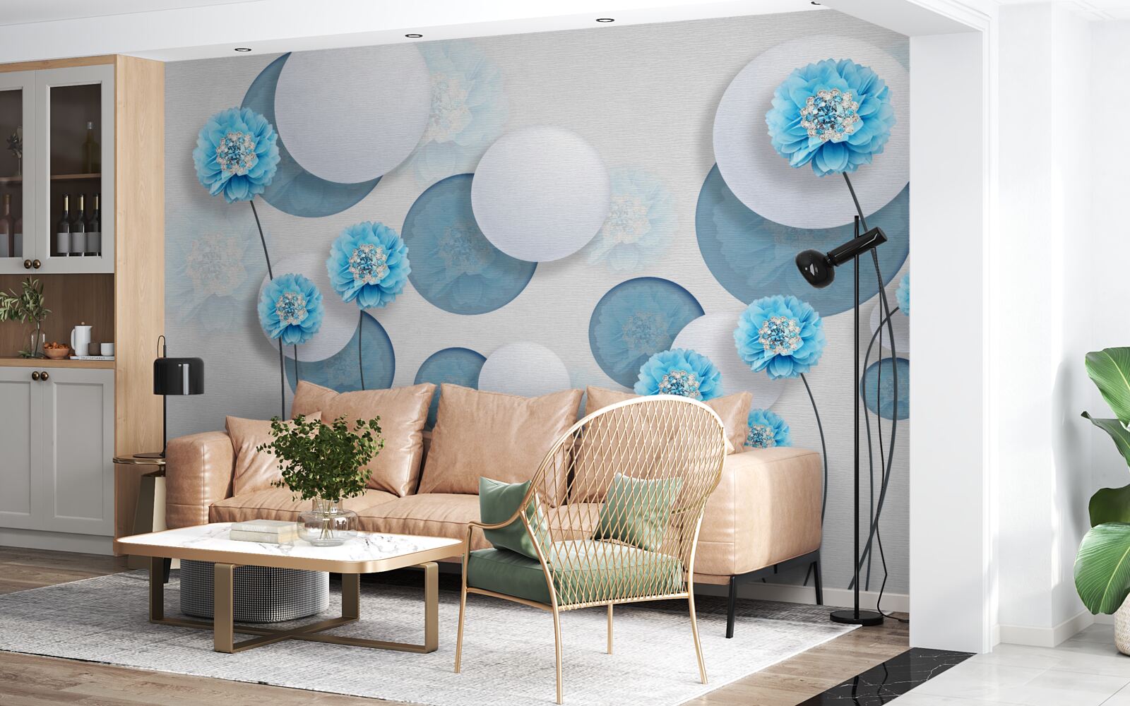 Papier peint abstrait et œillets bleus