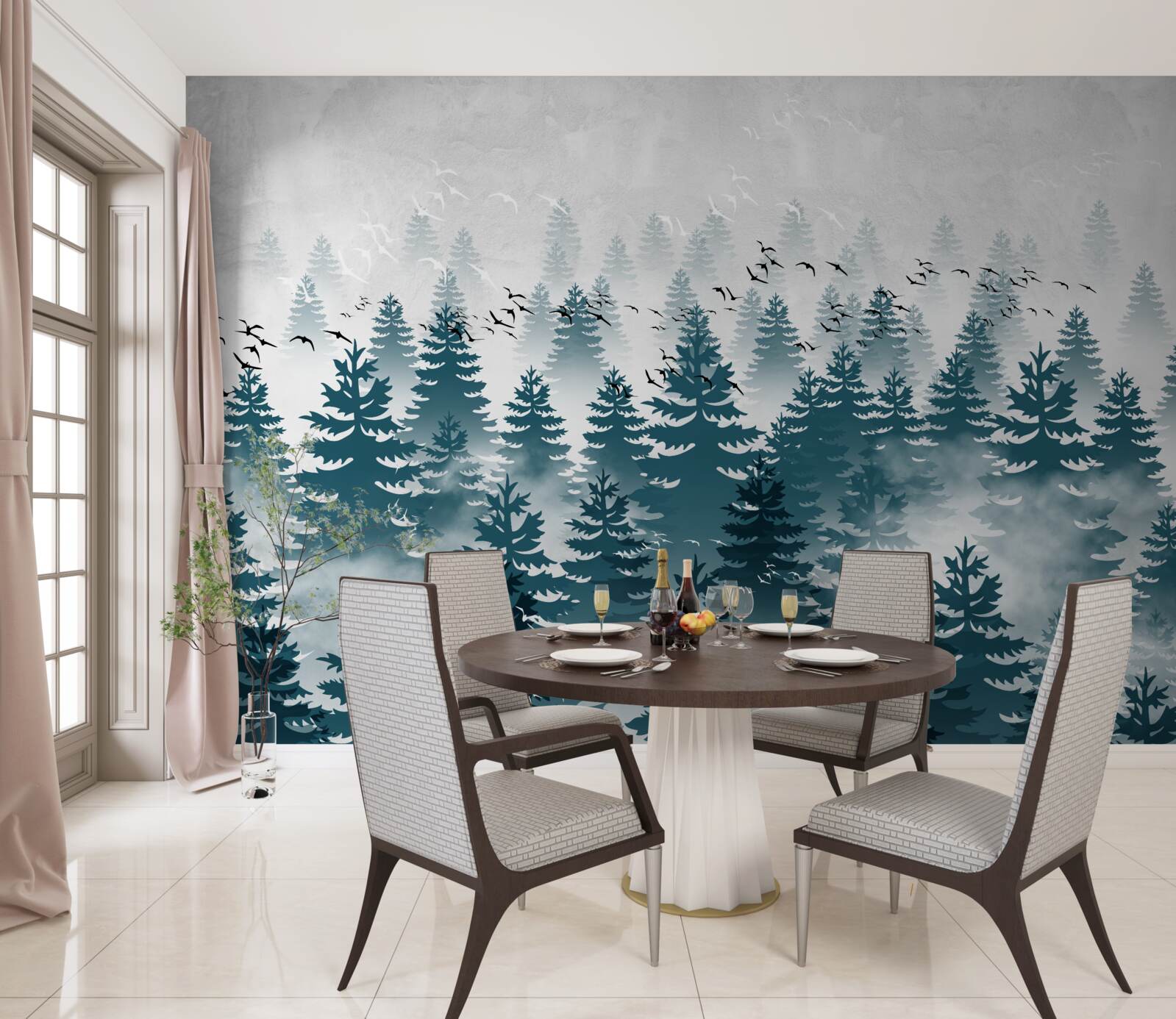 Papier peint un voile brumeux enveloppe le bosquet de conifères