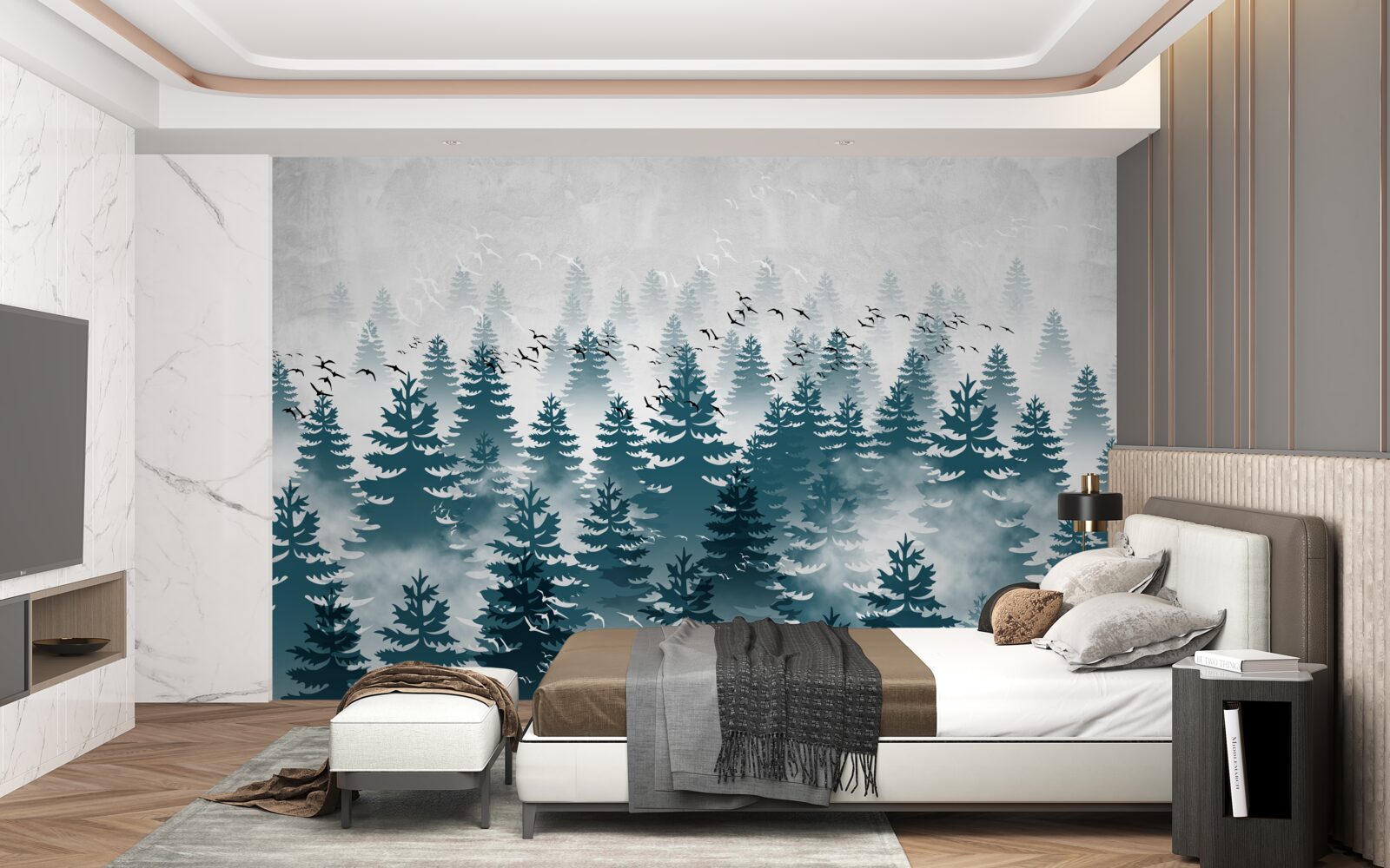 Papier peint un voile brumeux enveloppe le bosquet de conifères