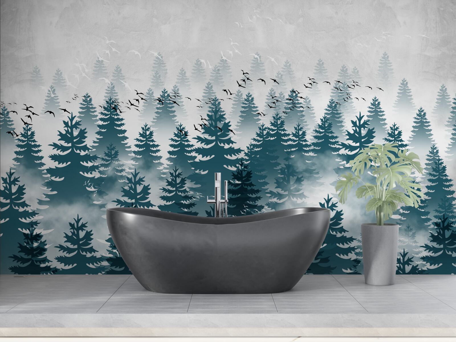 Papier peint un voile brumeux enveloppe le bosquet de conifères