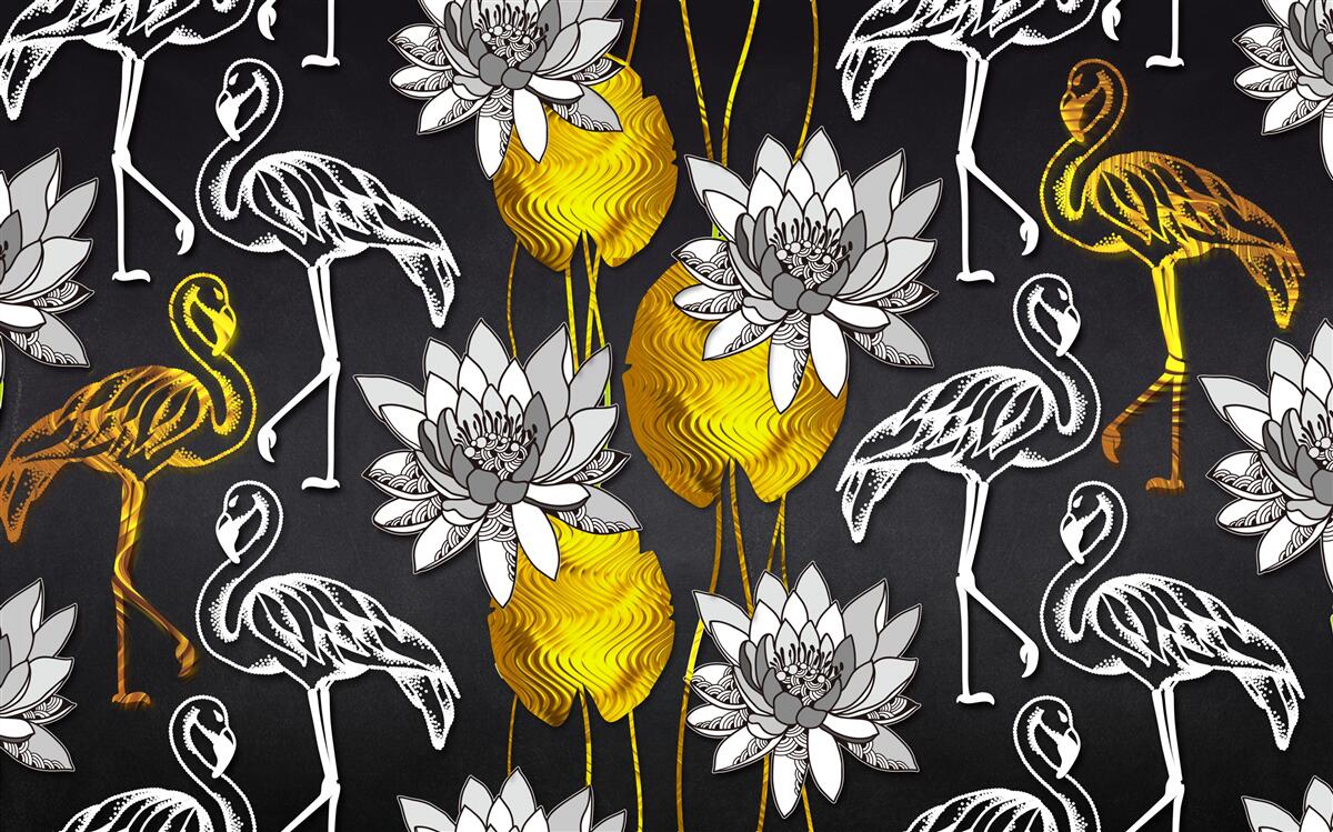 Papier peint plantes dorées et flamants blancs