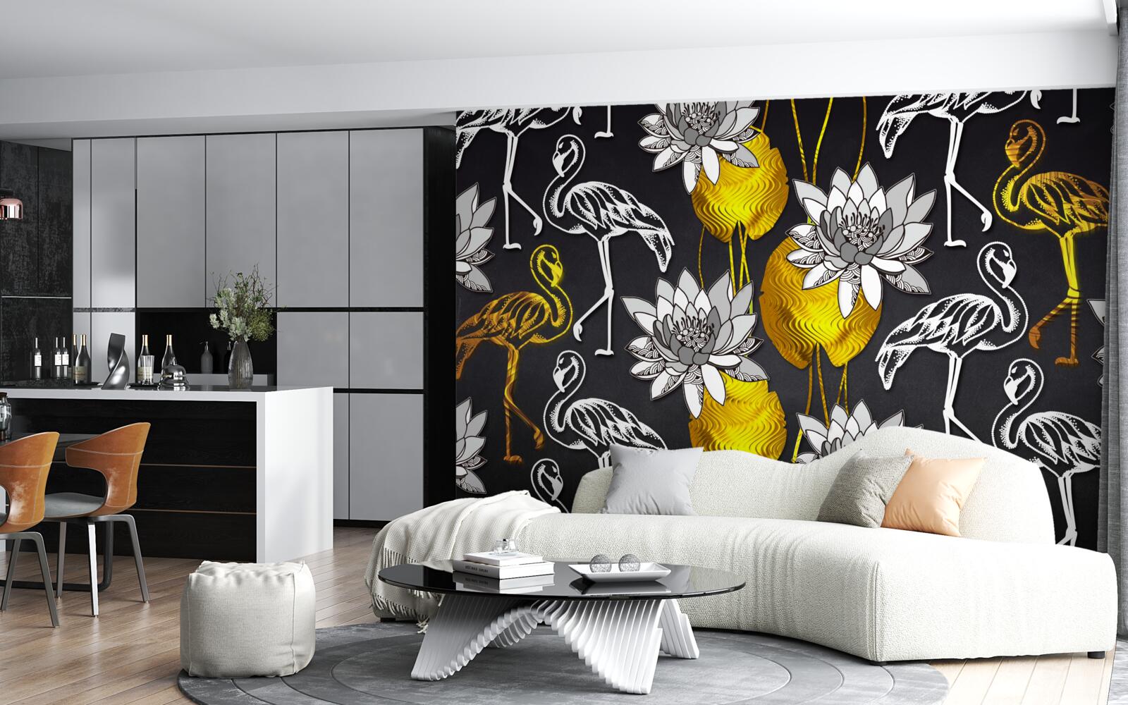 Papier peint plantes dorées et flamants blancs