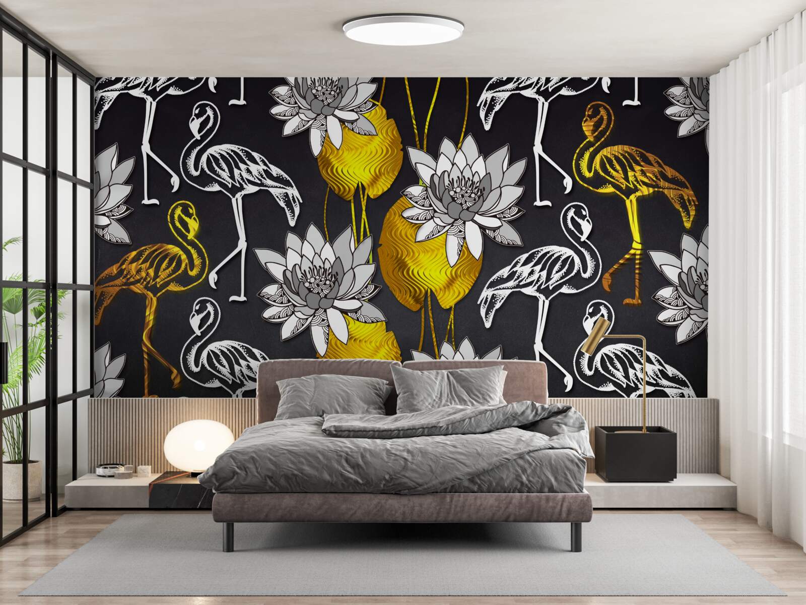 Papier peint plantes dorées et flamants blancs