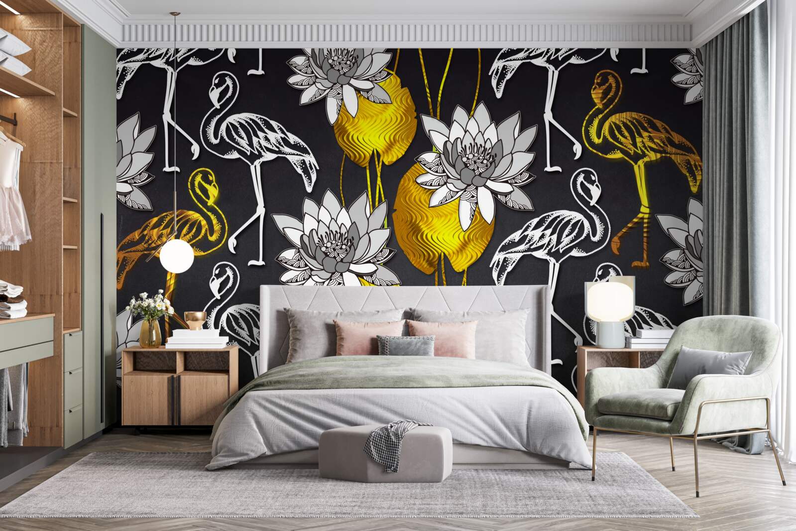 Papier peint plantes dorées et flamants blancs