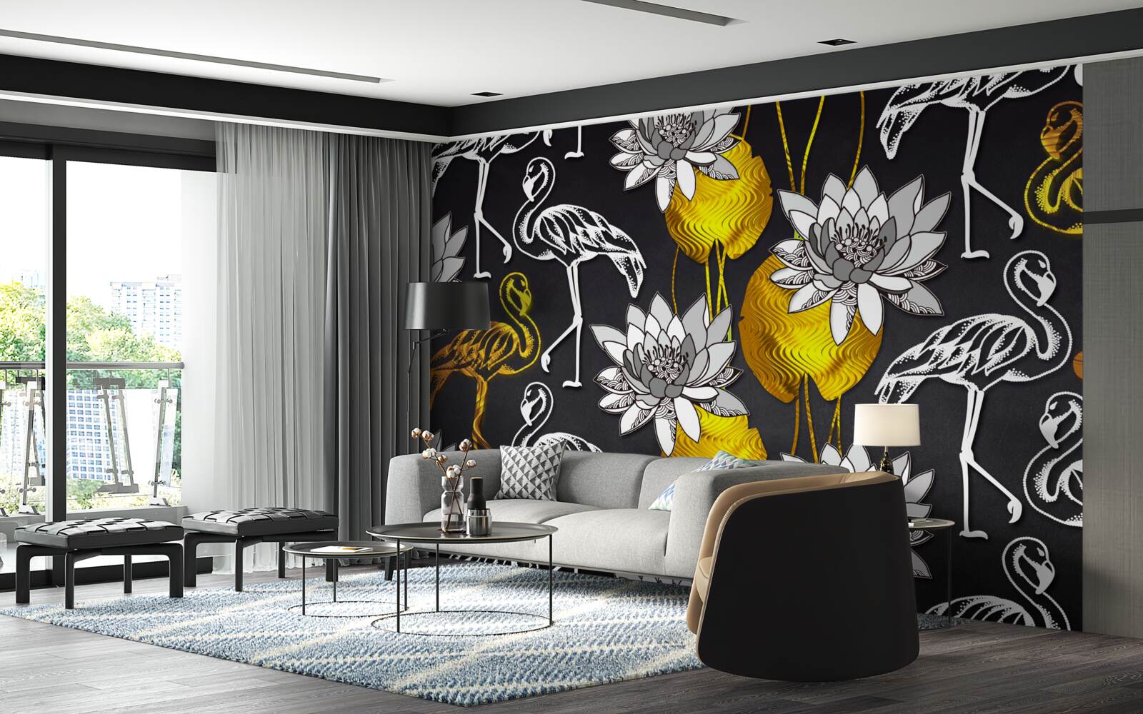 Papier peint plantes dorées et flamants blancs