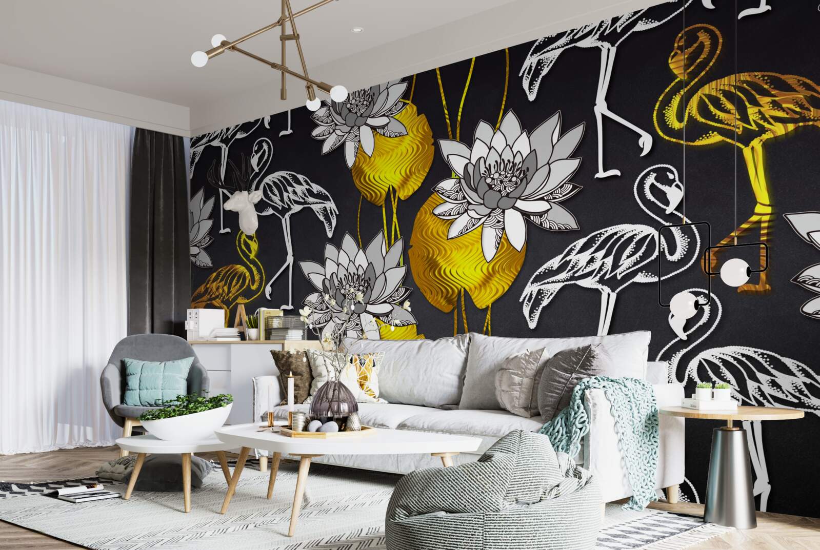 Papier peint plantes dorées et flamants blancs