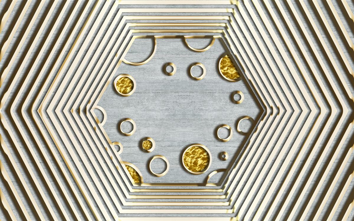 Papier peint hexagone argenté avec nuance dorée